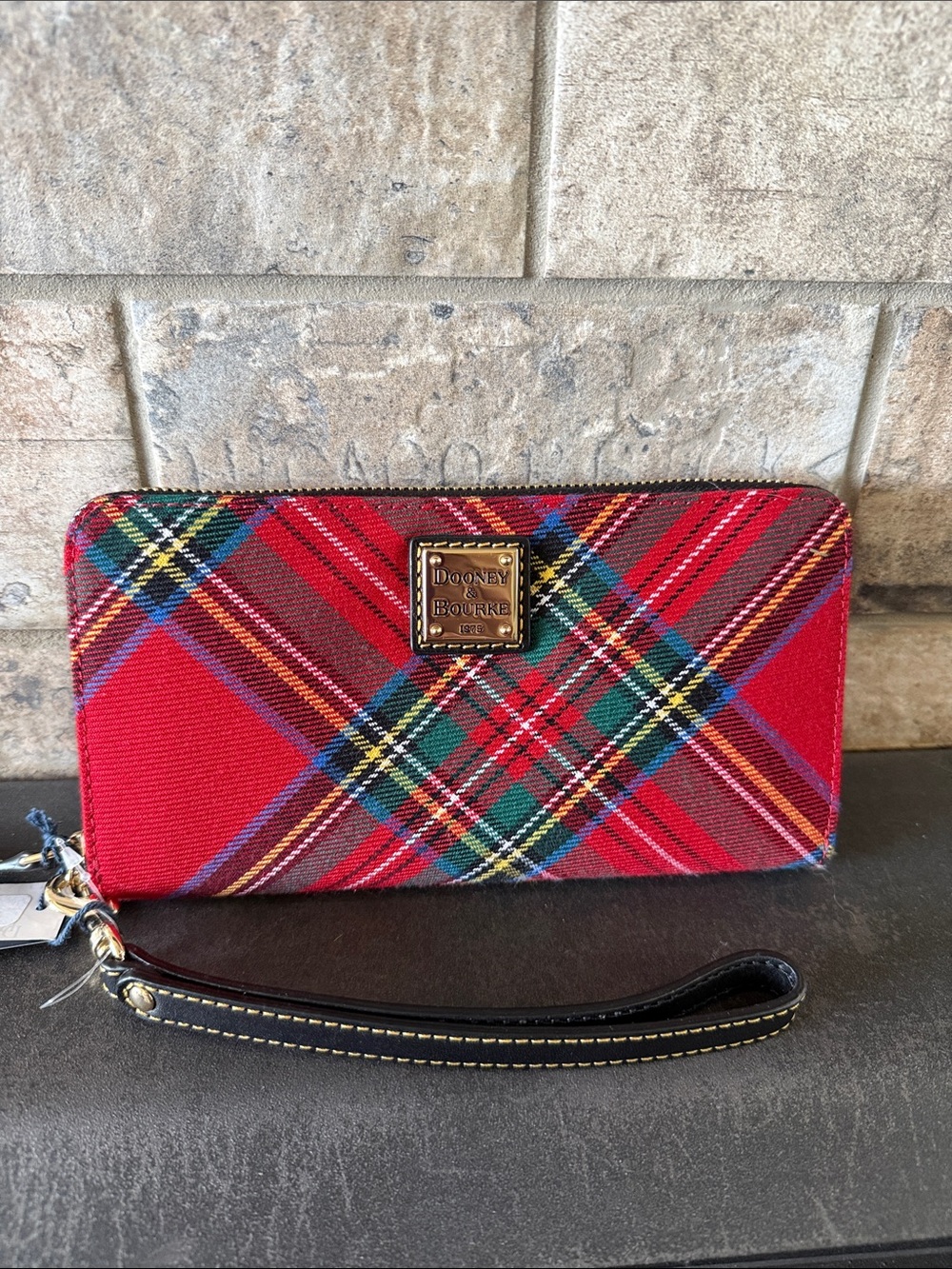 Dooney & Bourke Red Plaid Zip-Around Wristlet with Gold Plaque